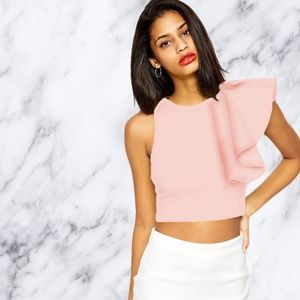 Powder Pink Ruffled Shoulder Back Zip Crop Top